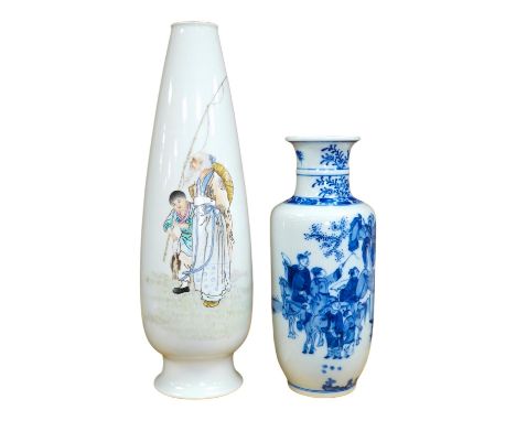 A Chinese blue and white vase and an enamelled figurative porcelain example, tallest enamel vase 29cm high. Condition - good 