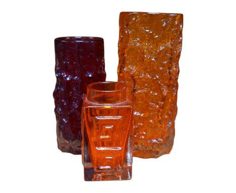Three Whitefriars vases, two bark effect, Ruby Red and Tangerine, tallest 19cm high. Condition - good