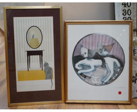 Rosina Wachtmeister (Austrian, b.1939), heightened lithograph of cats, signed in pencil, together with another by Sarah Snelg