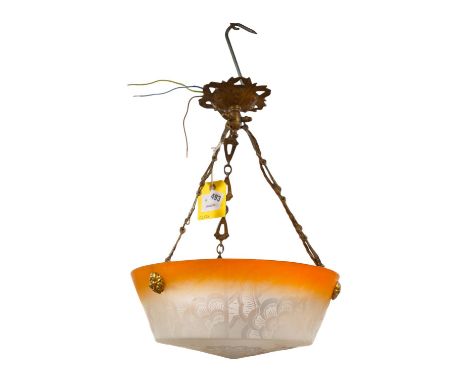 A French frosted glass acid etched with orange colour edge plaffonier ceiling light with original antique brass chain and cei