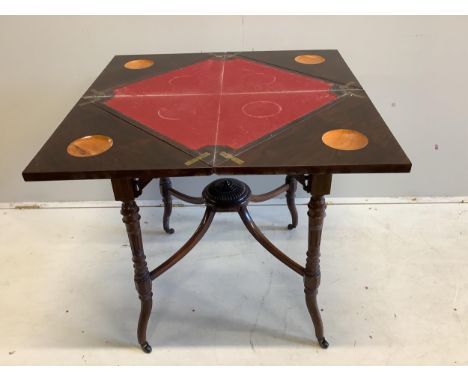 An Edwardian inlaid rosewood envelope card table, width 54cm, depth 54cm, height 74cm. Condition - fair