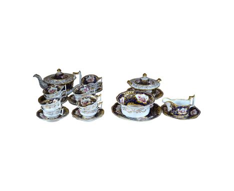 An early 19th century English porcelain London shape part tea set. Condition - varies Teapot good; minor wear to cover gildin