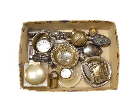 A group of assorted small silverware including inkwell, owl bookmark, scent flask, pepperette, thimble etc. Condition - poor 