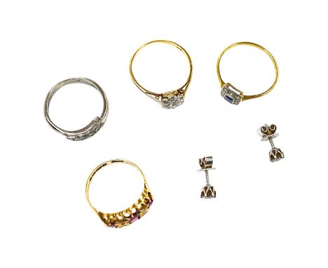 An 18ct and plat, sapphire and diamond set small cluster ring, size O, an 18ct and diamond set small cluster ring, an Edwardi