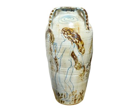 Seth Cardew (1934-2016), a tall Wenford Bridge Stoneware vase, painted with a running band of standing naked female figures h