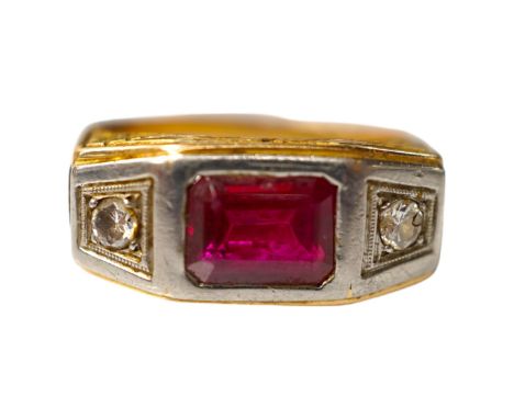An 18k, single stone synthetic ruby and two stone diamond set ring, the shoulders embossed with LEX and Scales of Justice, si