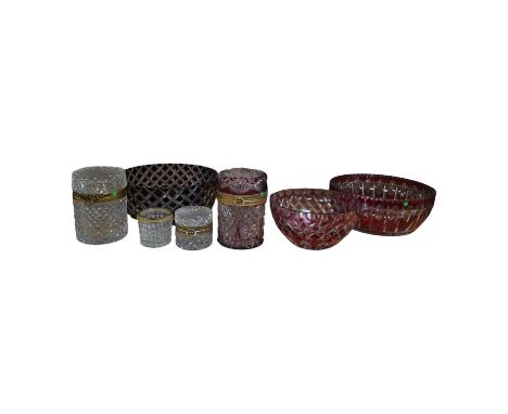 Three Bohemian ruby overlaid glass bowls and two jars, largest bowl 23cm diameter. Condition - some very minor nicks and ligh
