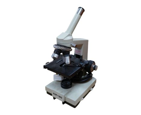 A pine cased mid 20th century monocular microscope XSP-18S supplied by Brunel Microscopes Ltd, case; 45 x 24.5 x 27cm. Condit