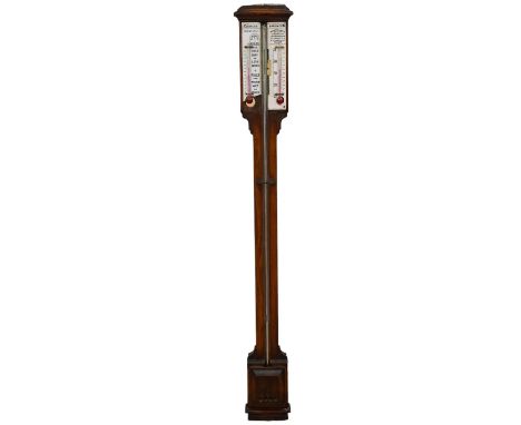 A Negretti and Zambra 'Farmer's' barometer, oak stick barometer with ceramic scales. Condition - fair, one scale broken with 