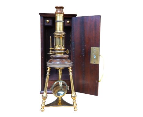 A cased reproduction W.R. Feat 18th century Culpeper style brass microscope, 20cm high, spare lenses in drawer of case. Condi