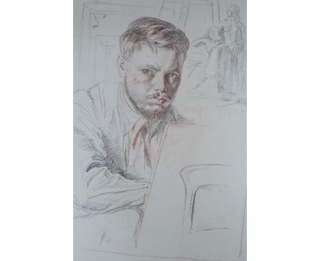 Modern British, pencil and sepia chalk, 'Bernard, Self-portrait - Imaginative Subject', 35 x 26cm, unframed. Condition - good