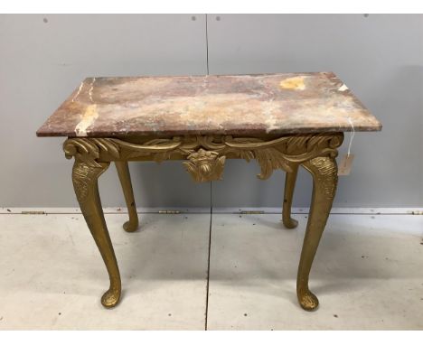 A George I style carved giltwood console table with associated marble top, width 92cm, depth 48cm, height 71cm. Condition - p