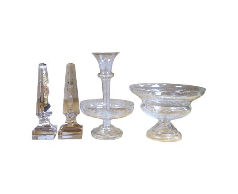 Victorian and later glassware comprising a pair of glass obelisks, an epergne and a similar glass pedestal dish, epergne 24cm