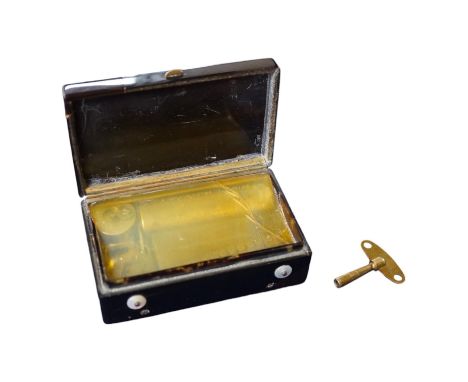 A 19th century Swiss small cylinder tortoiseshell musical snuff box, the hinged lid decorated with a scene of General Lafayet