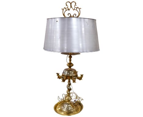 A 19th century style brass two light table lamp with metal shade, 83cm high. Condition - fair