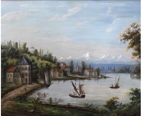 De Lucas?, oil on canvas, Swiss lakeside landscape with chalets, signed, 57 x 70cm, ornate gilt frame. Condition - good