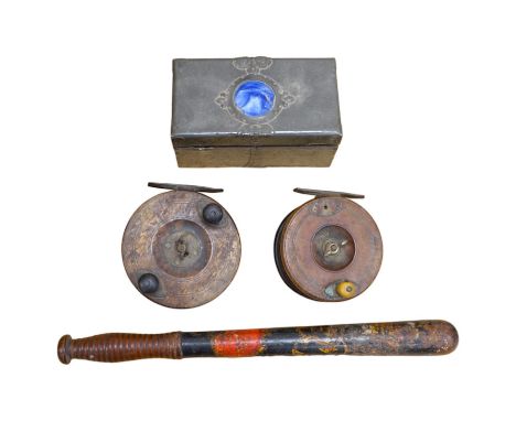 Two wooden fishing reels, a Victorian truncheon and an Arts and Crafts pewter box with enamel roundel.  Truncheon 43cm long.C