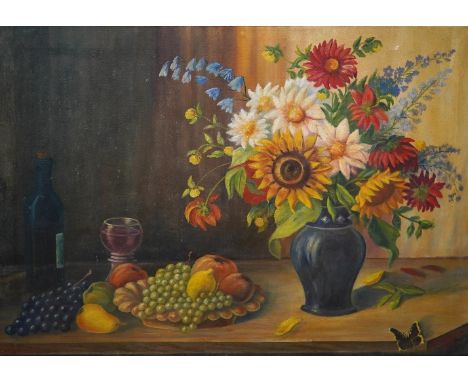 K. Hohberger, mid 20th century, oil on canvas, Still life of flowers and fruit, signed and dated 1947, 77 x 110cm, unframed. 