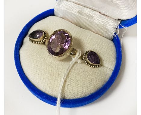 STERLING SILVER AMETHYST RING &amp; MATCHING EARRINGS