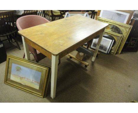 FURNITURE/ HOME - A vintage pine farmhouse table with painted white legs & varnished top, in need of some light restoration.