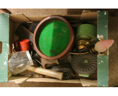 COLLECTABLES - A box of various collectables to include old tools, oil lamps & more.