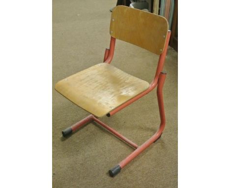 INDUSTRIAL/ HOME - A fantastic small vintage school chair with red metal frame & wooden seat & backrest.	