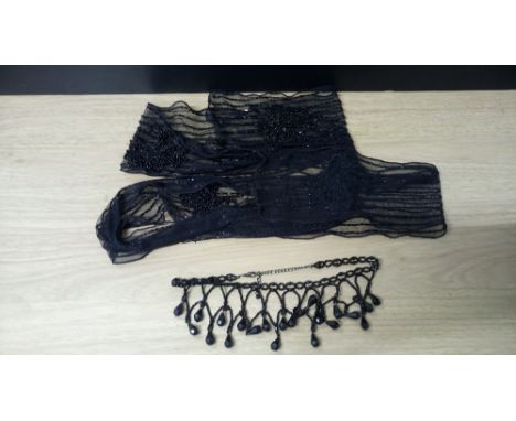 FRENCH JET MOURNING NECKLACE & "FLAPPERS" SCARF