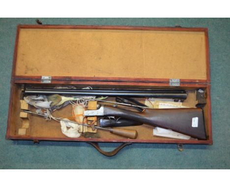 Cased side by side hammer fire double trigger twelve gauge shotgun by A Ward Thompson SN H20405, with case and accessories, b