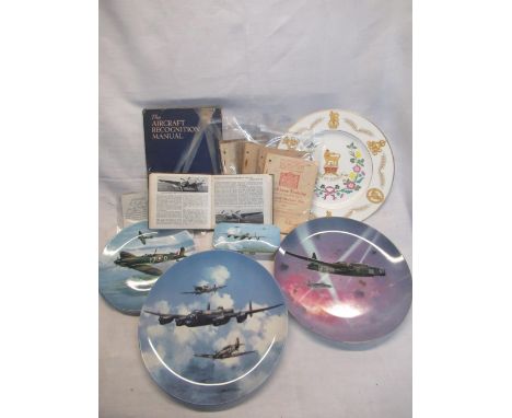 Three Coalport limited edition plates depicting various air craft, some other Coalport commemorative items, five military pam