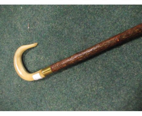 shepherds crook with horn crook and brass finial made from dog rose wood L111cm 
