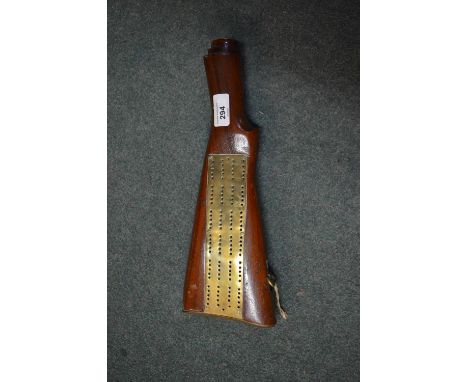 Cribbage board fashioned from 303 rifle butt with brass fittings and pegs 