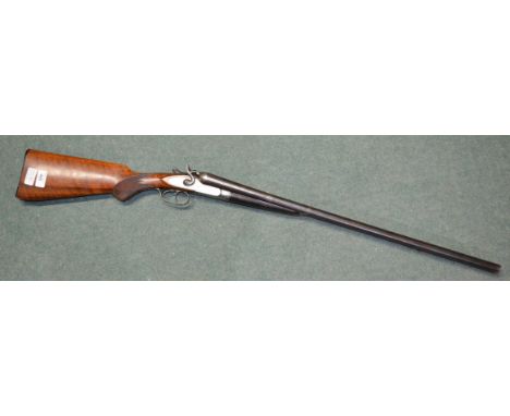 Twelve bore side by side hammer fire shotgun, no manufacturer markings, Caen inlaid in yellow metal on right hand side, Jacqu