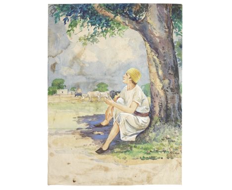 Guru Nanak as a boy, seated beneath a tree by Bodhraj, circa 1980watercolour on paper 46 x 34 cm.This lot is subject to the f