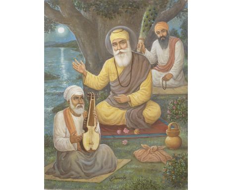 Dwarka Dass (India, second half of the 20th Century) Guru Nanak with Bala and Mardanaoil on board, signed lower centre 61 x 4