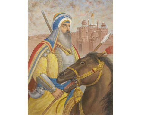 Punjab School, second half of the 20th Century Sardar Baghel Singh on a warhorse outside the gates of a fortressoil on board,