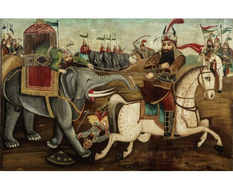 Rustam and the Khaqan of Chin in combat: an episode from Firdausi's Shahnama Qajar Persia, late 19th Centuryoil on canvas, na