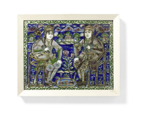 A Qajar underglaze-painted moulded pottery tile depicting two seated warriors by 'Master Reza' Persia, 19th Centuryrectangula