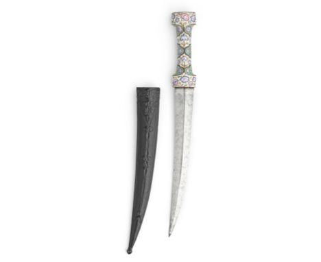 A Qajar enamelled-copper hilted steel dagger (jambiyya) Persia, 19th Centurythe double-edged steel blade of curved form with 