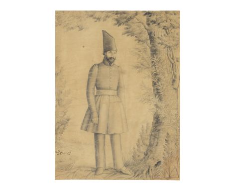 A drawing of a Qajar prince, standing in a forest, attributed to Mirza Abu'l Hasan Ghaffari, Sani al-Mulk Persia, dated AH 12
