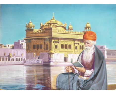 Punjab School, late 20th Century A devotee in contemplation before the Golden Temple, Amritsaroil on board 45.5 x 61 cm.Footn
