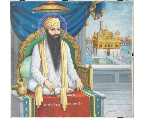 GURU RAM DAS (1574-81), THE FOURTH SIKH GURU, SEATED ON A THRONE, THE GOLDEN TEMPLE IN THE BACKGROUND by Dwarka Dass (India, 