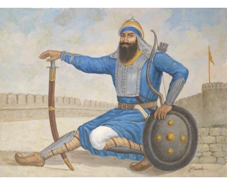 Dwarka Dass (India, second half of the 20th Century) Banda Bahadur in martial pose on the ramparts of a fortressoil on board,