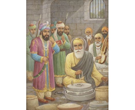 Dwarka Dass (India, second half of the 20th Century) Guru Nanak and the Mughal Emperor astonished by the chakki moving of its