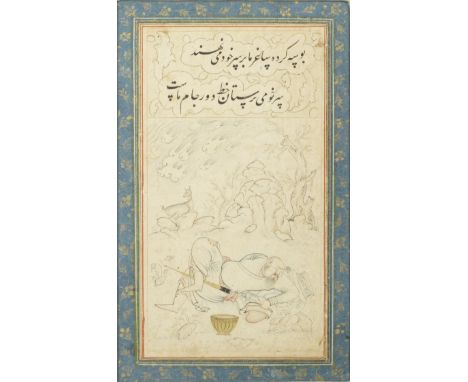 An Uzbek or Mongol warrior reclining against a large Chinese vase in a landscape, laid down on an album page with a verse cou