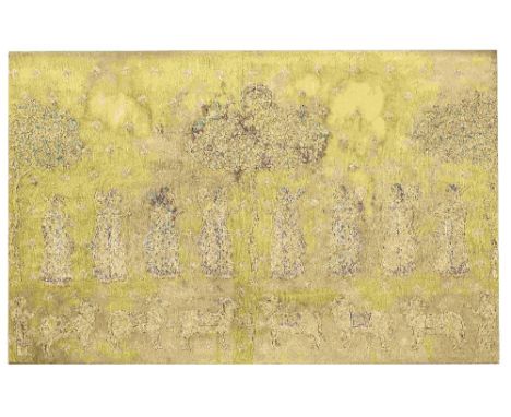A painted silk picchavai depicting gopis holding musical instruments, morchals and fans Deccan, 18th Centurygouache and gold 