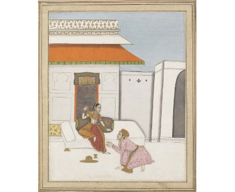 An illustration from a Ragamala series: Ramkari Ragini, depicting a prince begging forgiveness from a maiden on a palace terr