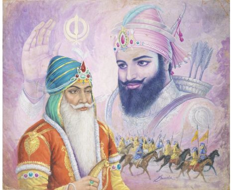 Maharajah Ranjit Singh pictured with the figure of Guru Gobind Singh, and a troop of Sikh cavalry by Dwarka Dass (India, seco