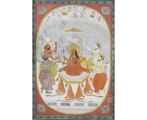 The Devi enthroned with royal devotees holding the attributes of Vishnu Pahari, circa 1830-40gouache and gold on paper, in a 