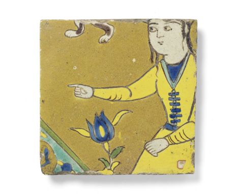 A Safavid cuerda seca pottery tile Persia, 17th Centuryof square form, decorated in cobalt-blue, turquoise, yellow, ochre, gr