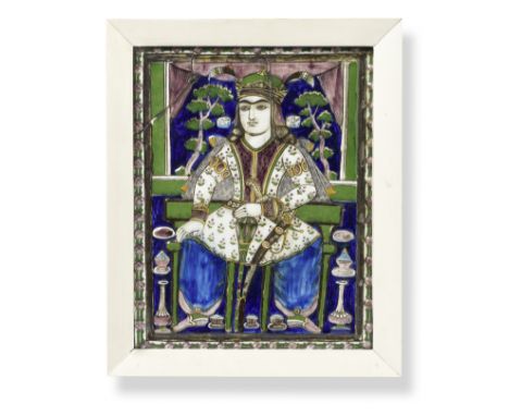 A Qajar underglaze-painted moulded pottery tile depicting Kay Khusraw by 'Master Reza' Persia, 19th Centuryrectangular, mould